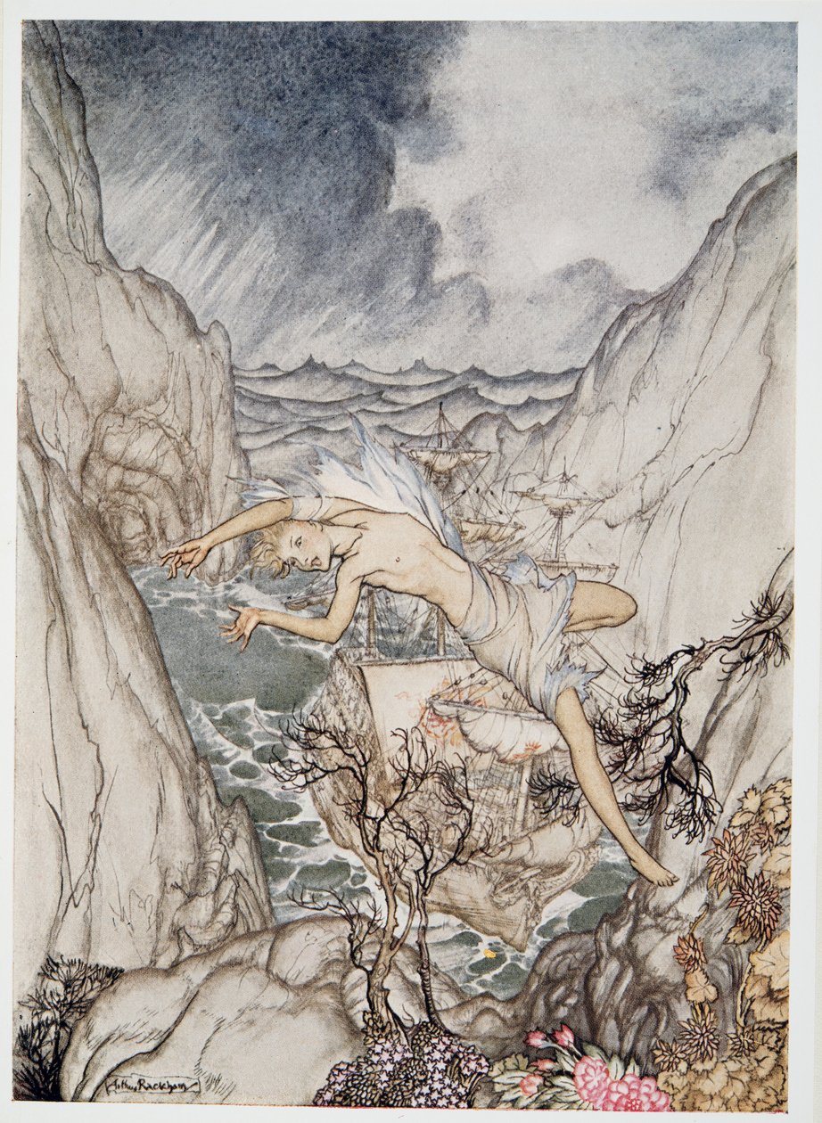 Bezpiecznie w porcie znajduje się statek króla, ilustracja z pubu Burza Williama Szekspira. 1926 autorstwa Arthur Rackham