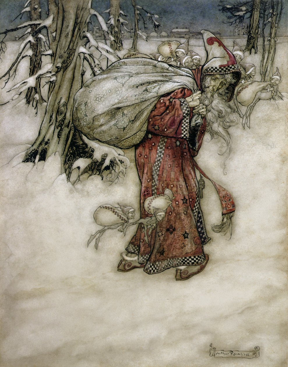 Święty Mikołaj, ilustracja z Arthur Rackhams Book of Pictures, 1907, opublikowana w 1913 (pióro, atrament i toaleta na papierze) autorstwa Arthur Rackham