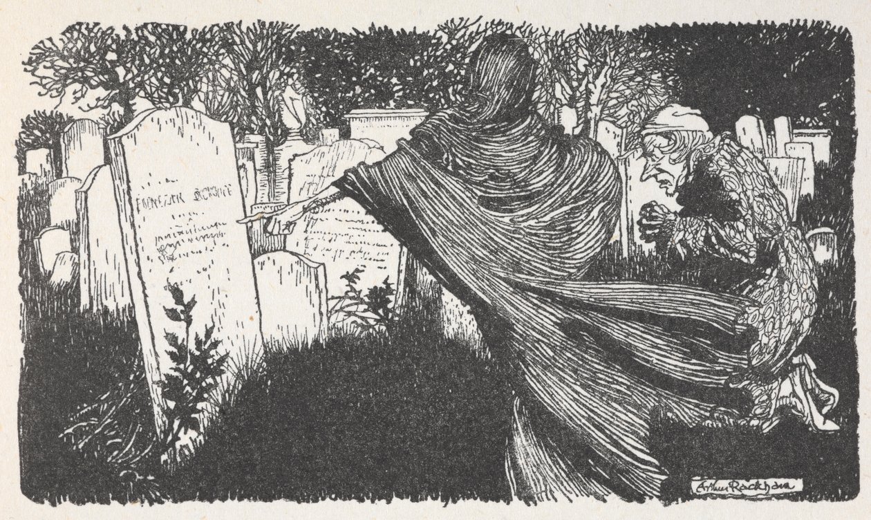 Scrooge i duch na cmentarzu nocą. autorstwa Arthur Rackham