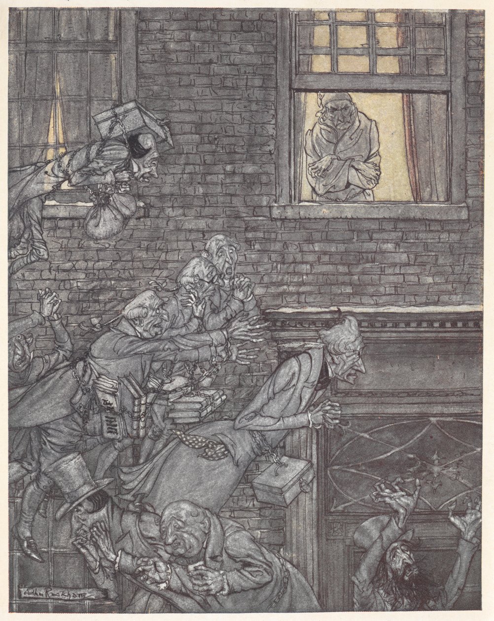 Scrooge w swoim oknie obserwując duchy na ulicy poniżej autorstwa Arthur Rackham