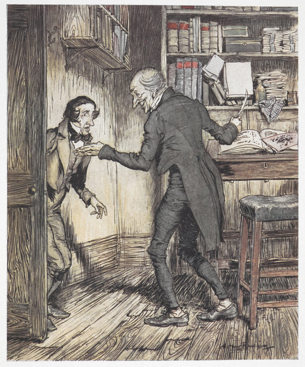 Scrooge pisze w swoim biurze, gdy wchodzi inny mężczyzna autorstwa Arthur Rackham