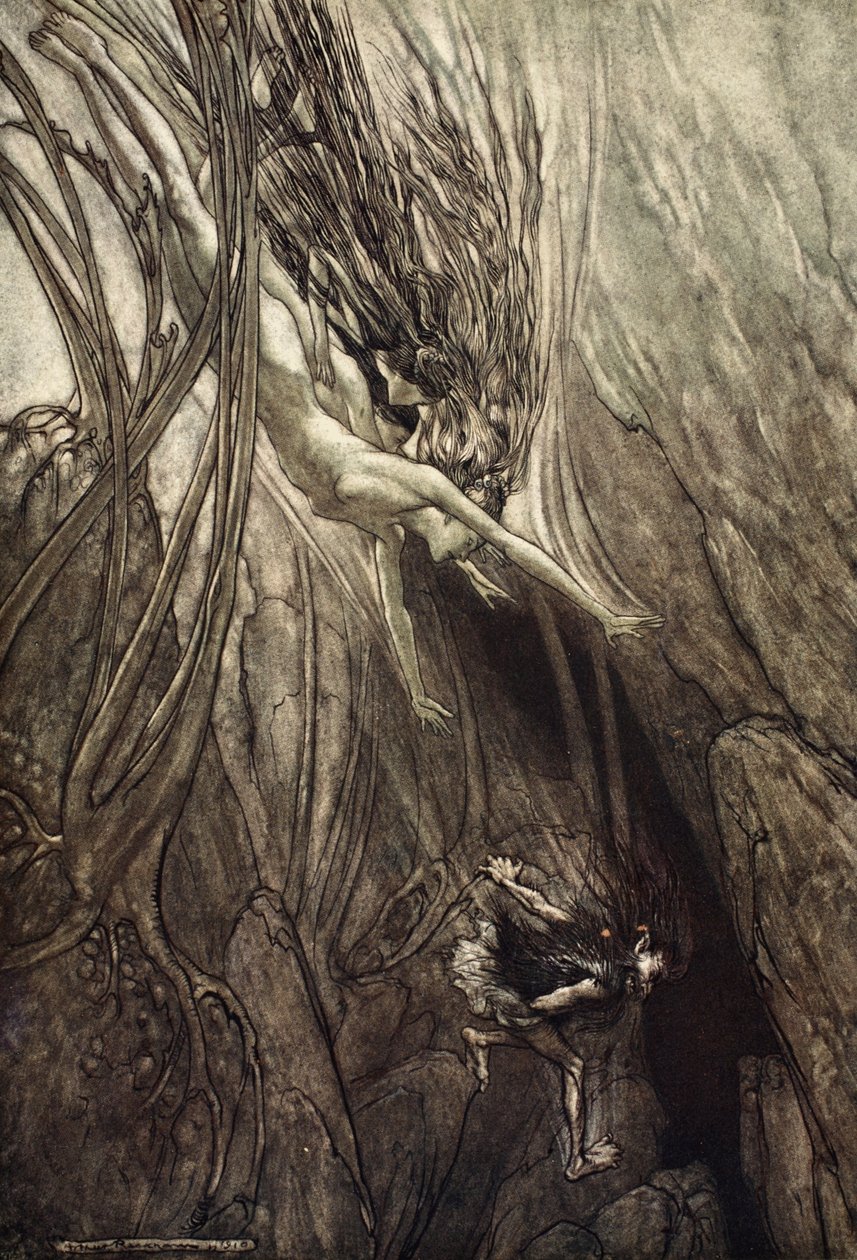 Chwyć łupieżcę! Uratuj złoto! Pomóż nam! Pomóż nam! Biada! Biada!, ilustracja z „Złoto Renu i Walkiria”, 1910 autorstwa Arthur Rackham