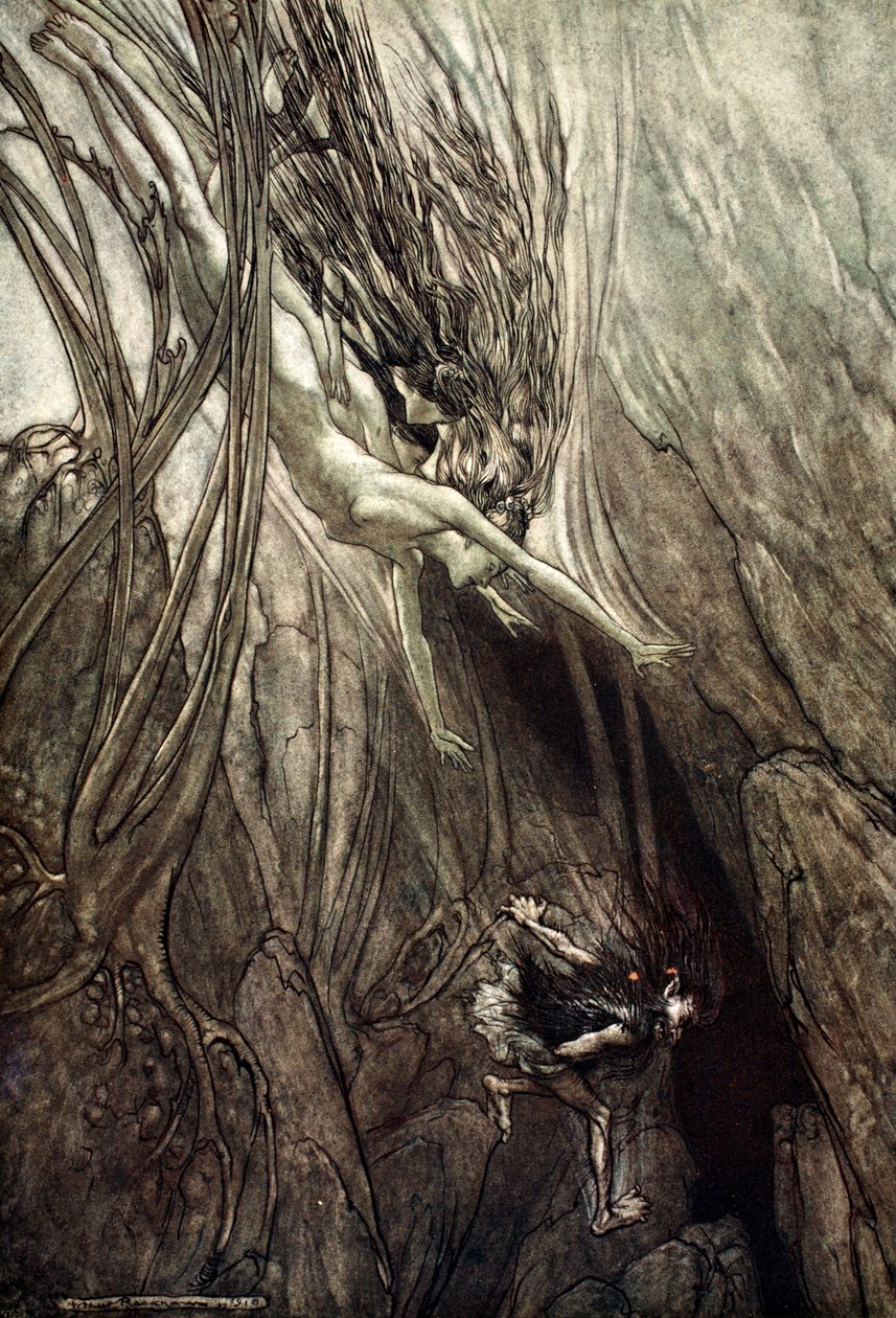 „Schwytaj złodziejaszka! Uratuj złoto! Pomóż nam! Pomóż nam! Biada! Biada!”, 1910. autorstwa Arthur Rackham
