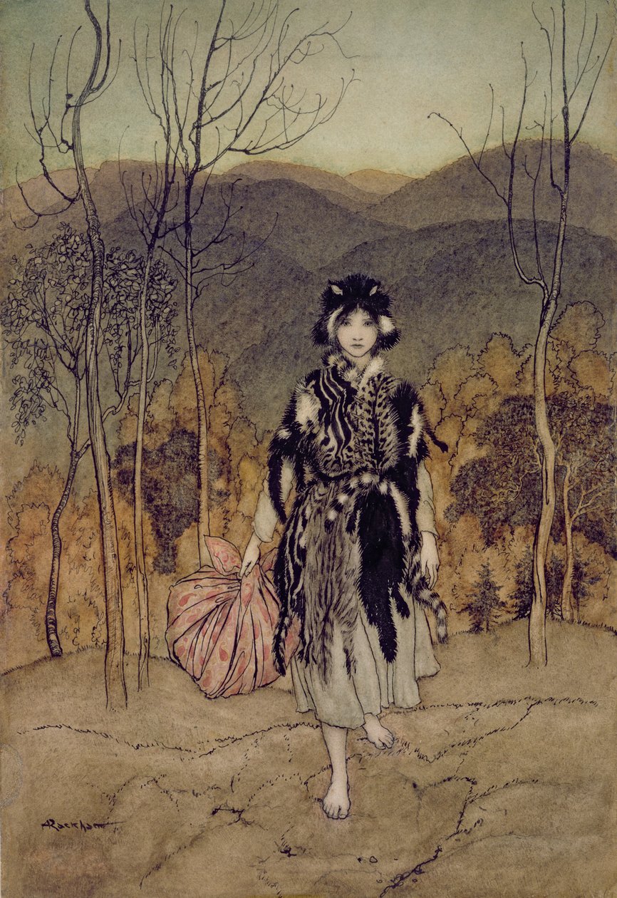 Poszła wzdłuż i poszła wzdłuż i poszła wzdłuż kociej skóry, ilustracja z angielskich bajek, powtórzona przez F.A Steela, 1918 (pióro i atrament, wc) autorstwa Arthur Rackham