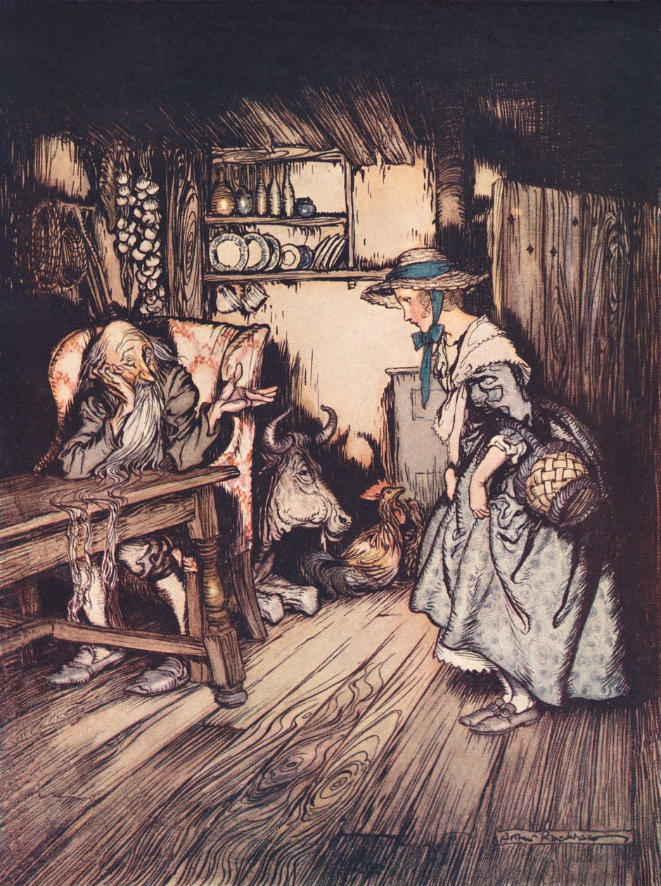 Błagała bardzo ładnie, aby pozwolono jej spędzić tam noc. Ilustracja Arthura Rackhama z baśni Grimm, The Hut in the Forest, opublikowanej pod koniec XIX wieku. autorstwa Arthur Rackham
