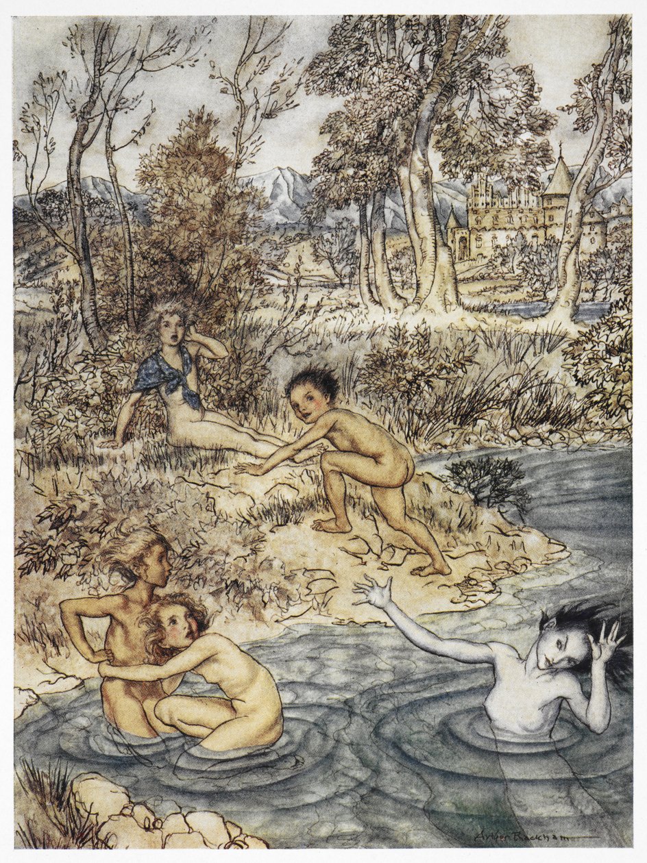 „Natknęła się na całe stado małych dzieci”. Kolorowa ilustracja do bajki „Mała syrenka”. autorstwa Arthur Rackham