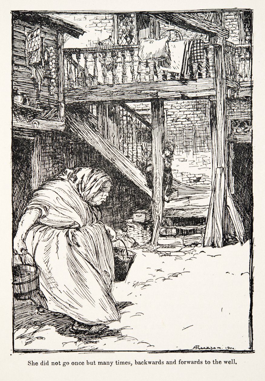 Nie raz szła, ale wiele razy, tam i z powrotem do studni, z The Fairy Tales of the Brothers Grimm, pub. 1909 autorstwa Arthur Rackham