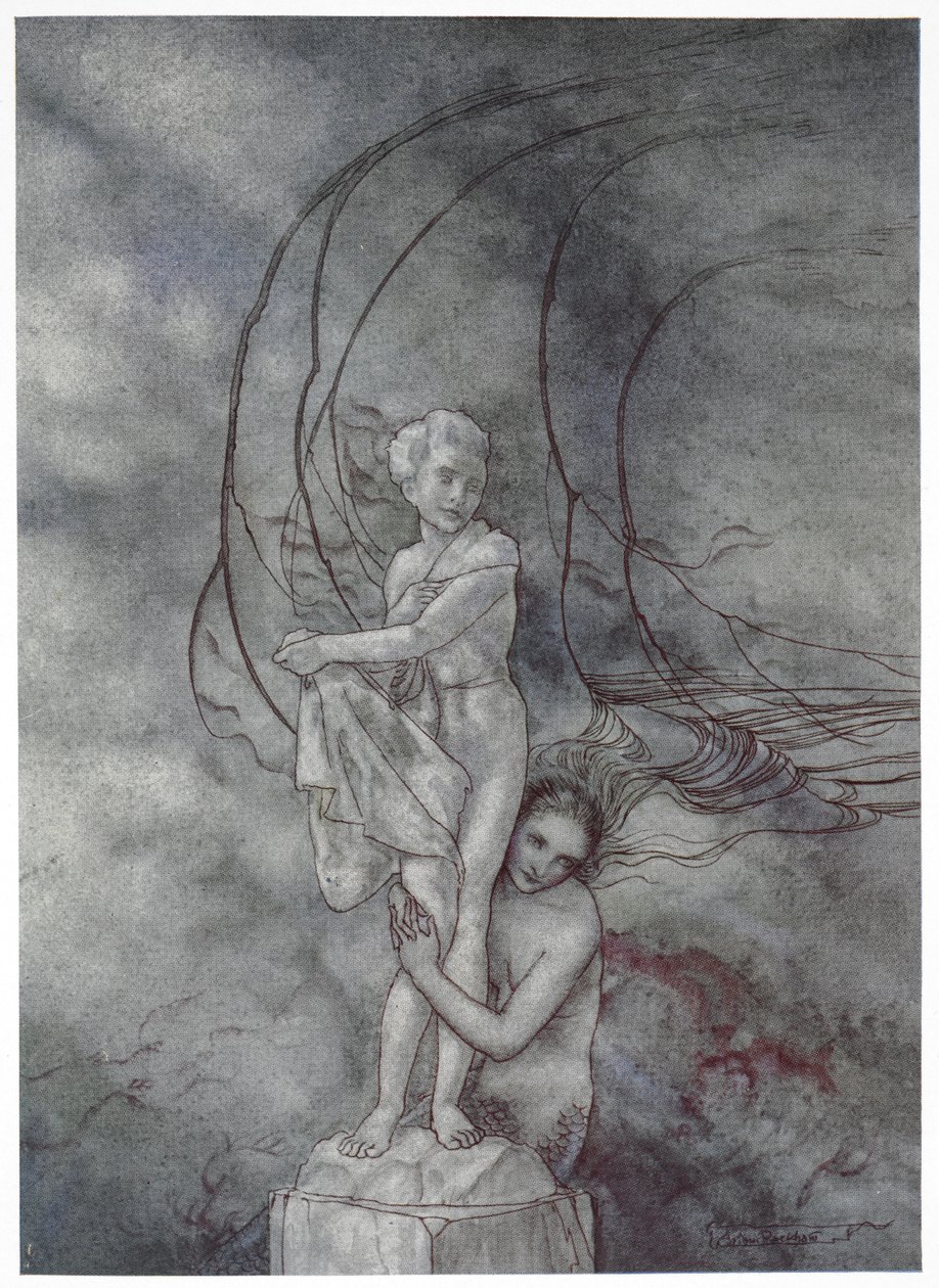 „Objęła ramionami marmurową figurę, która była tak podobna do księcia”. Ilustracja do bajki „Mała syrenka”. autorstwa Arthur Rackham