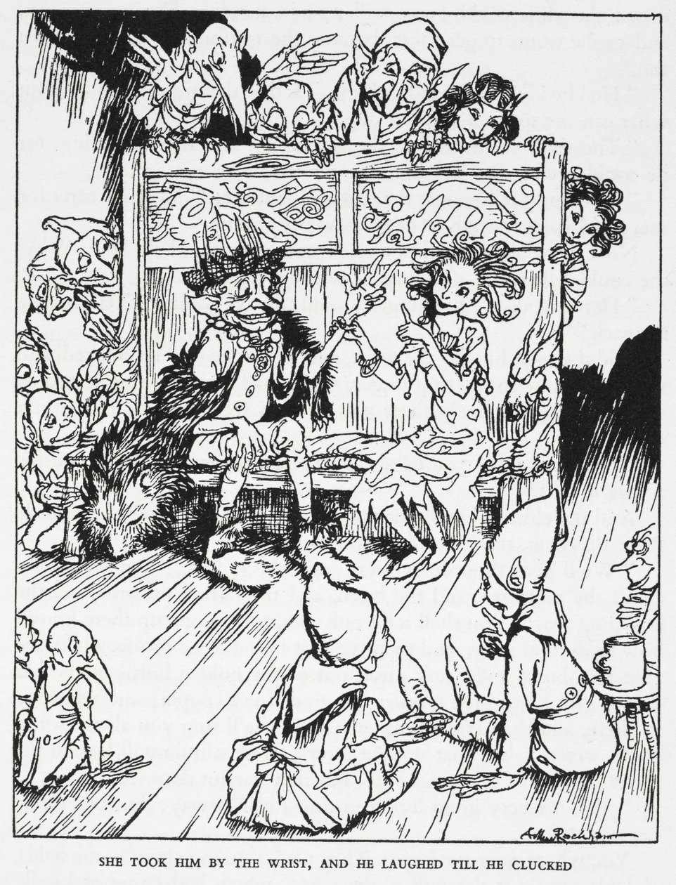 „Wzięła go za nadgarstek, a on śmiał się, aż cmoknął”. Elfickie dziewice i gobliny. Ilustracja do „elfiego wzgórza”. autorstwa Arthur Rackham