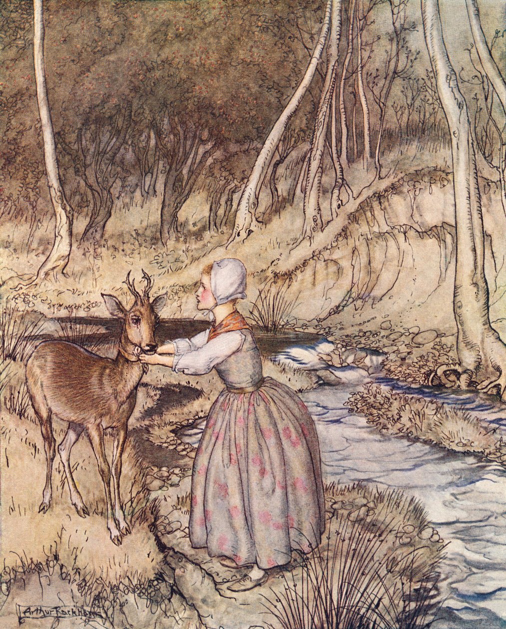 Zdjęła swoją złotą podwiązkę i zarzuciła ją na szyję Sarny. Ilustracja Arthura Rackhama z Grimm