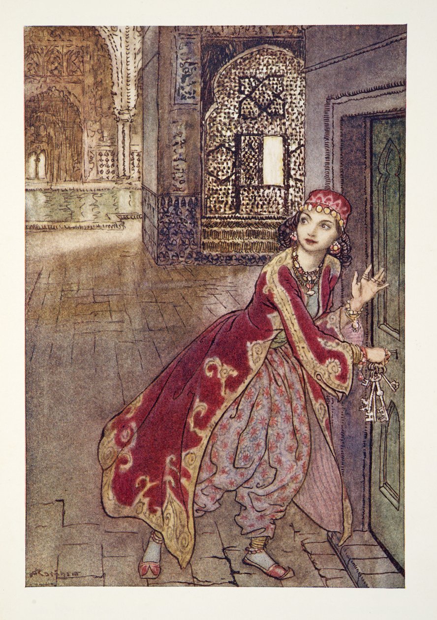 Następnie wzięła mały klucz i z drżeniem otworzyła drzwi do pubu The Arthur Rackham Fairy Book. 1933 autorstwa Arthur Rackham