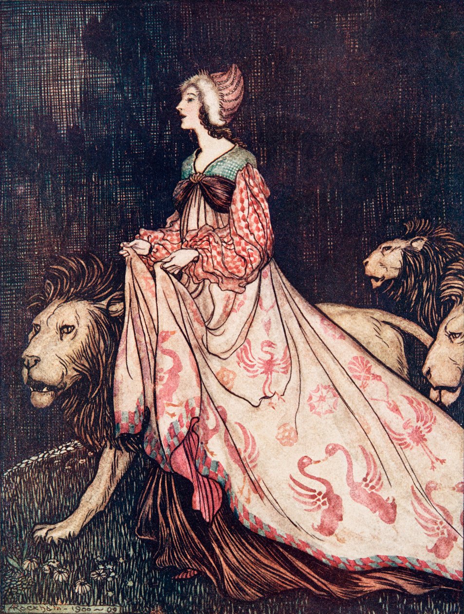 Odeszła w towarzystwie Lwów, z The Fairy Tales of the Brothers Grimm, pub. 1909 autorstwa Arthur Rackham