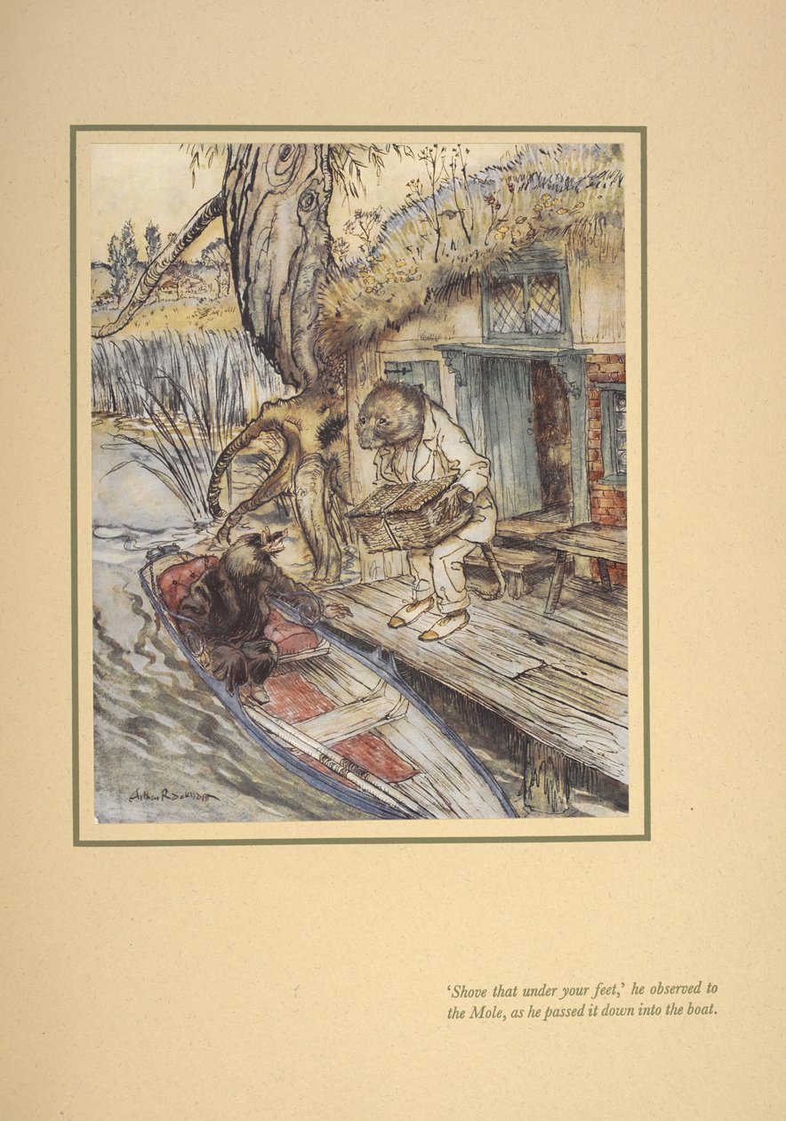 „Wsadź to sobie pod stopę” — zwrócił się (Ratty) do kreta, gdy wrzucał go do łodzi. autorstwa Arthur Rackham