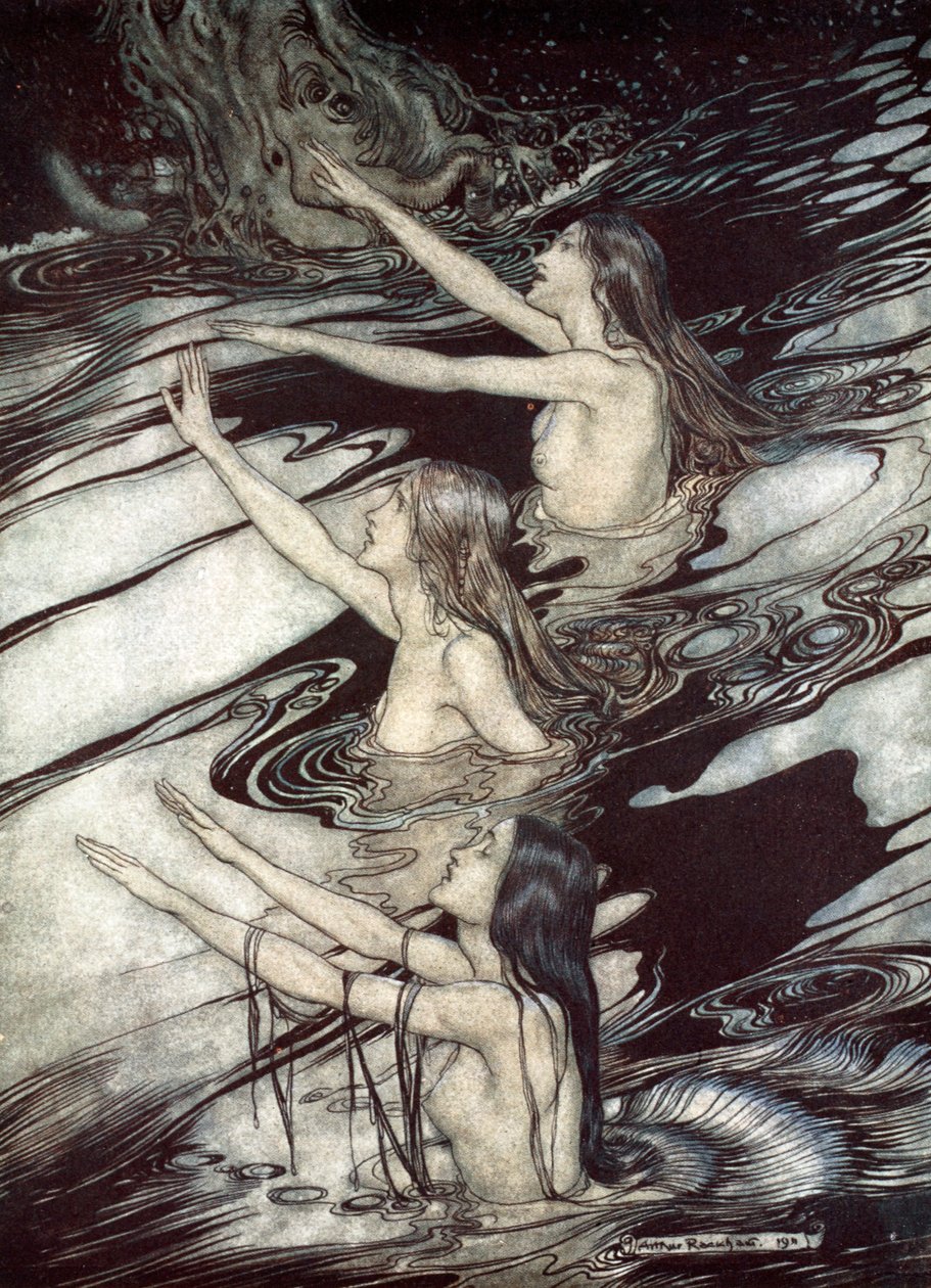 – Zygfrycie! Zygfrydzie! Nasze ostrzeżenie jest prawdziwe: uciekaj, uciekaj przed klątwą!”, 1924. autorstwa Arthur Rackham
