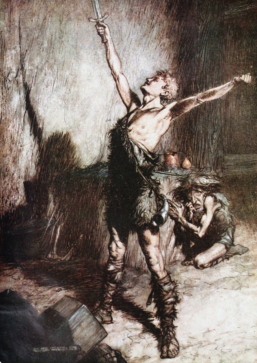 Zygfryd wykuwa swój miecz. Ilustracja do Zygfryda i Zmierzchu bogów autorstwa Richarda Wag autorstwa Arthur Rackham