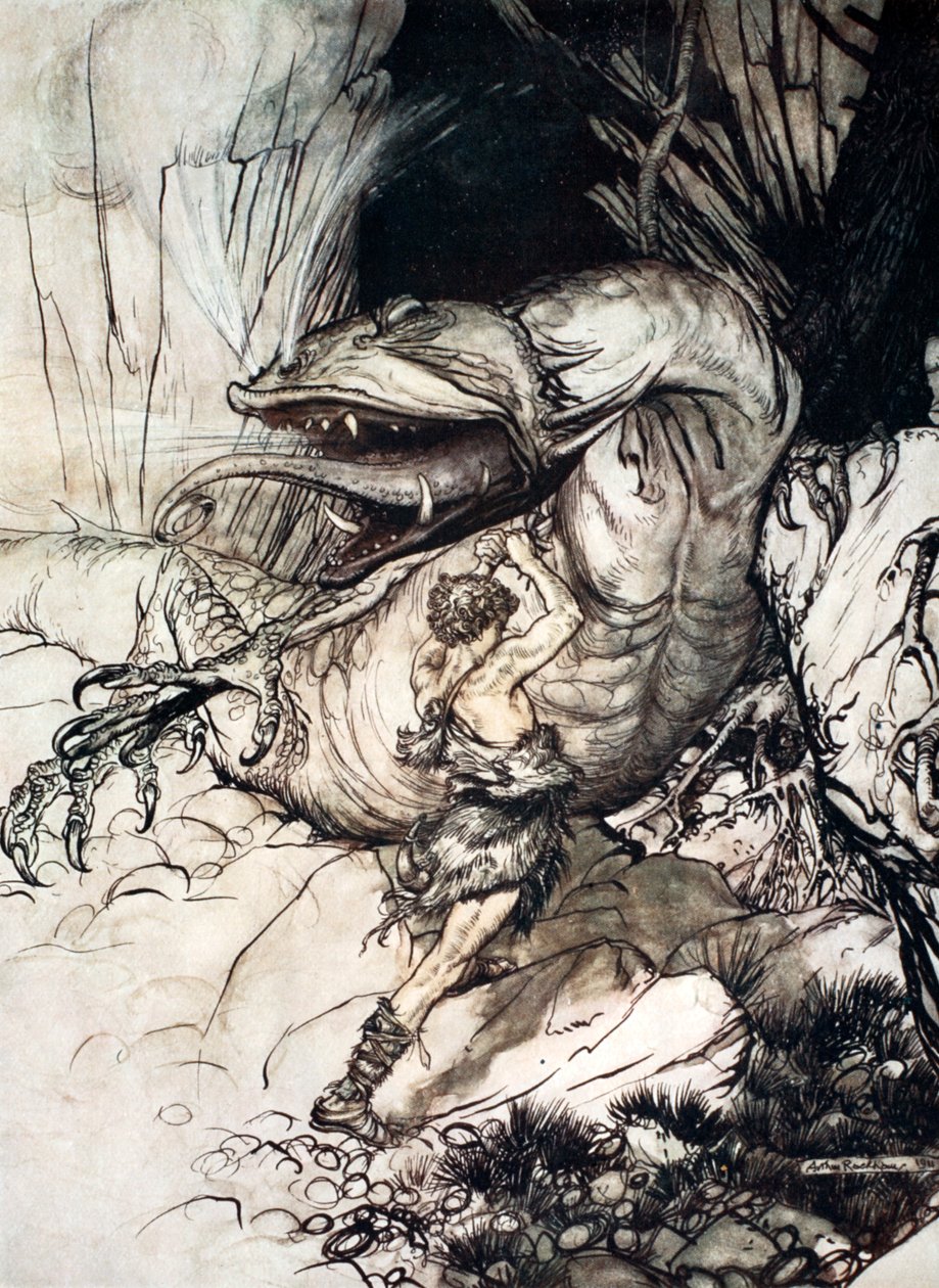 „Zygfryd zabija Fafnera”, 1924. autorstwa Arthur Rackham