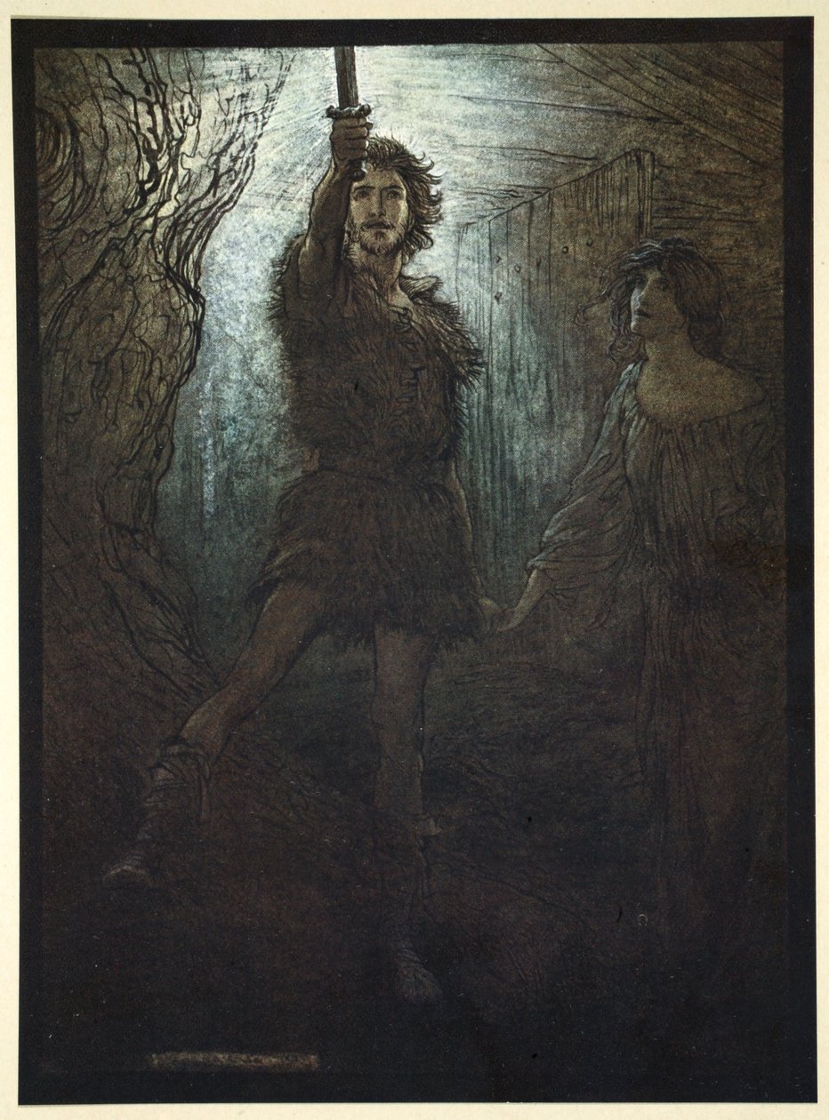 — Widzisz Siegmunda Walsunga! Jako prezent dla narzeczonej przynosi ci swój miecz”, 1910. autorstwa Arthur Rackham