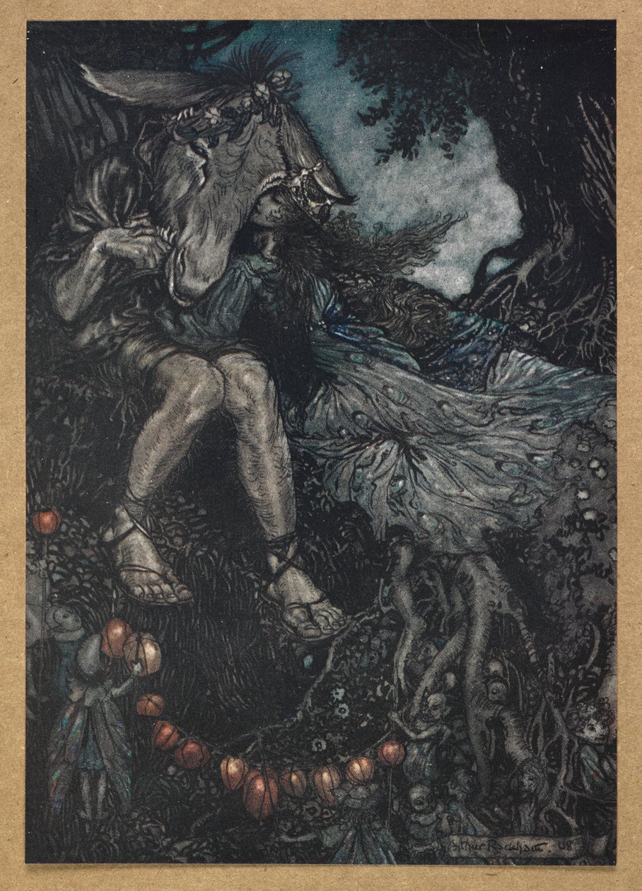 Śpij, a ja owinę cię w ramionach”. Dół i Tytania. Kadr z filmu „Sen nocy letniej”. autorstwa Arthur Rackham