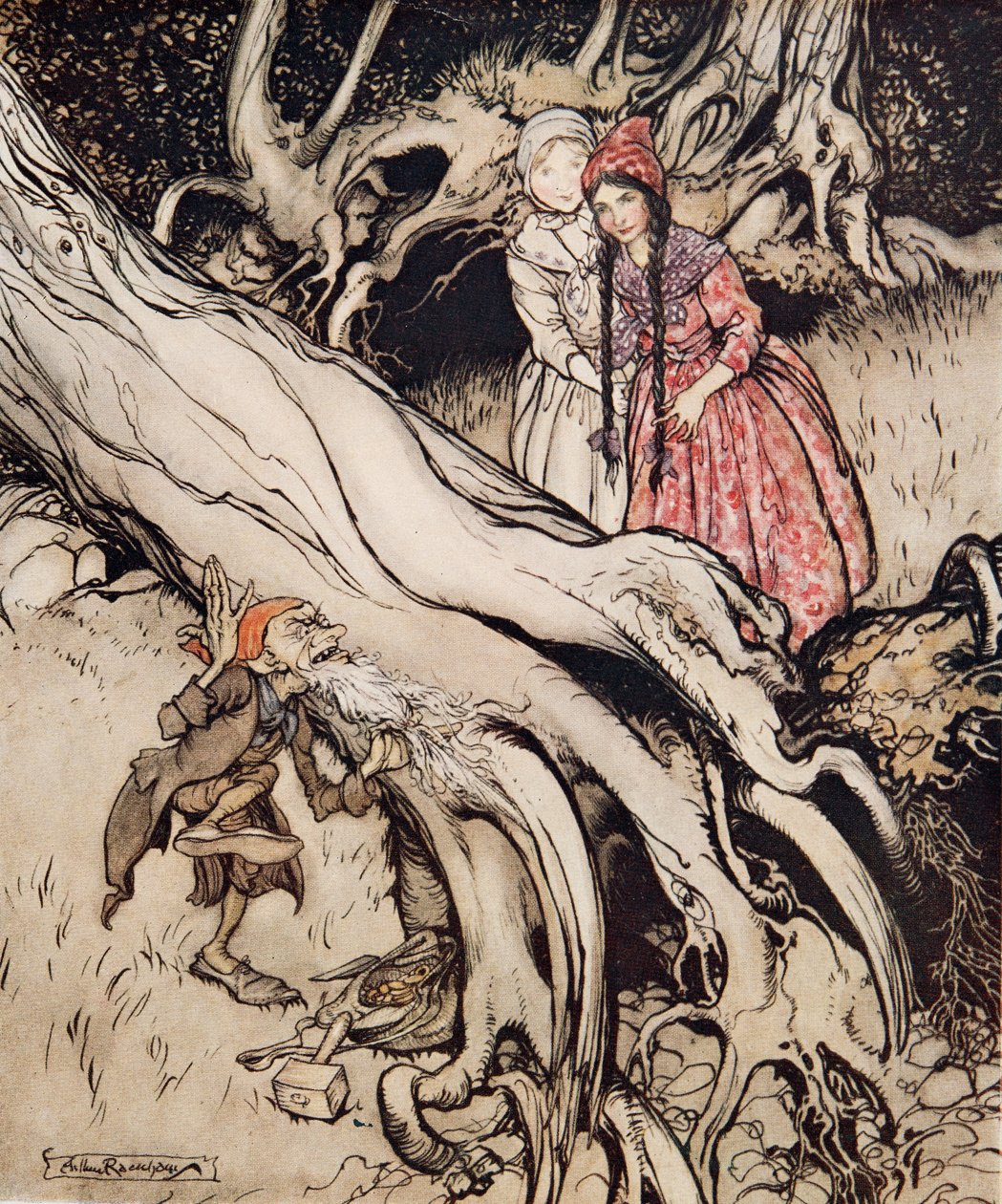 Królewna Śnieżka i Czerwona Róża, z Little Brother & Little Sister and Other Tales by the Brothers Grimm, pub.1917 (kolor litho) autorstwa Arthur Rackham