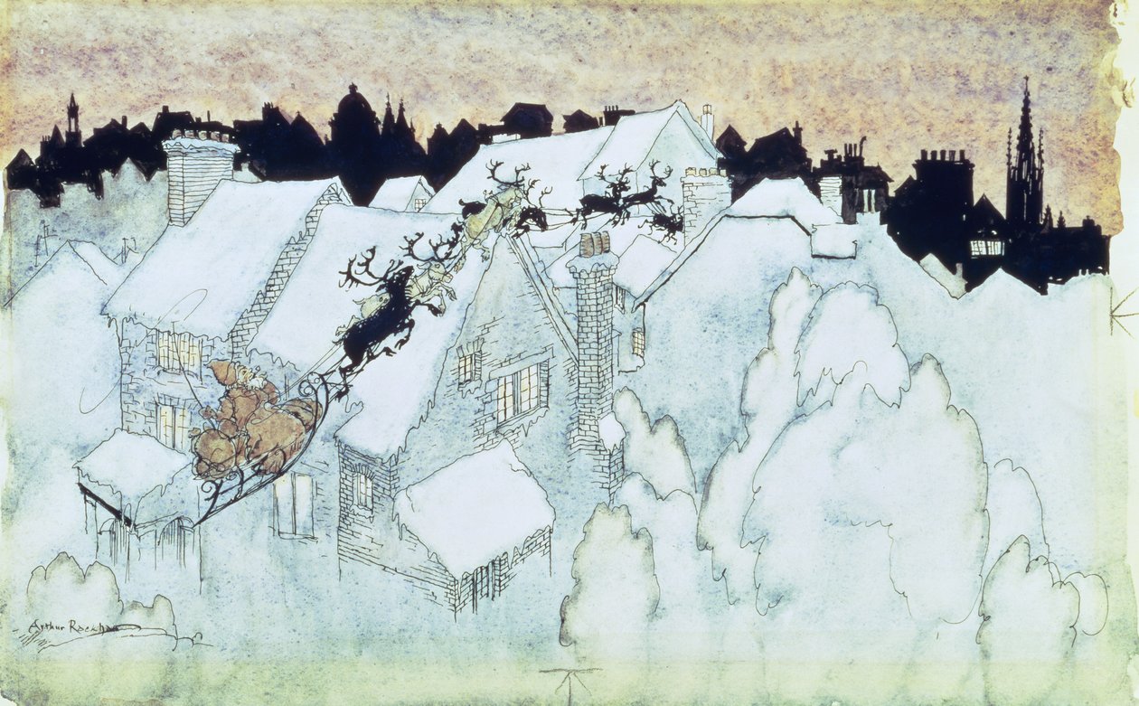 „Więc na szczyt domu polecieli kursanci”, ilustracja do pubu „Noc przed Bożym Narodzeniem”. 1931 autorstwa Arthur Rackham