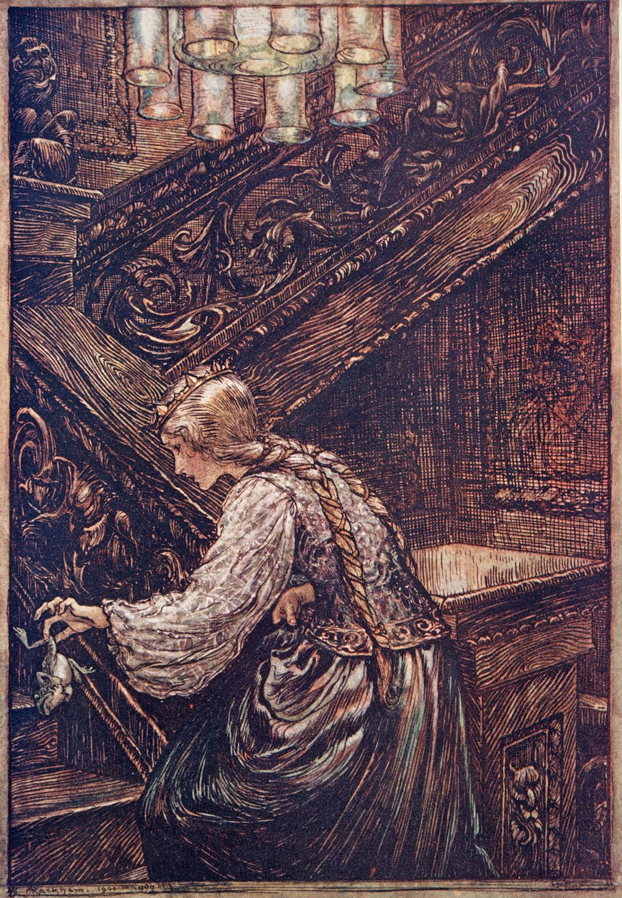 Złapała go więc dwoma palcami i zaniosła na górę…, z The Fairy Tales of the Brothers Grimm, wyd. 1909 autorstwa Arthur Rackham