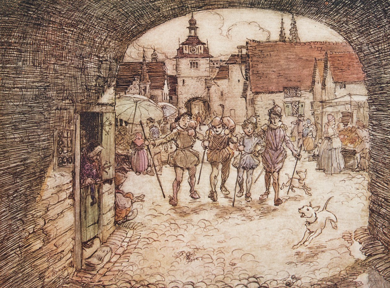 Tak więc czterej bracia wzięli swoje kije do rąk, pożegnali się z ojcem i wyszli za bramę miasta, z Baśni braci Grimm, wyd. 1909 autorstwa Arthur Rackham