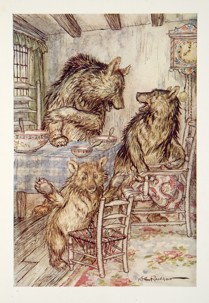 Ktoś siedział na moim krześle i usiadł z niego na dole! powiedział Mały, Mały, Mały Miś z The Arthur Rackham Fairy Book, wyd. 1933 autorstwa Arthur Rackham
