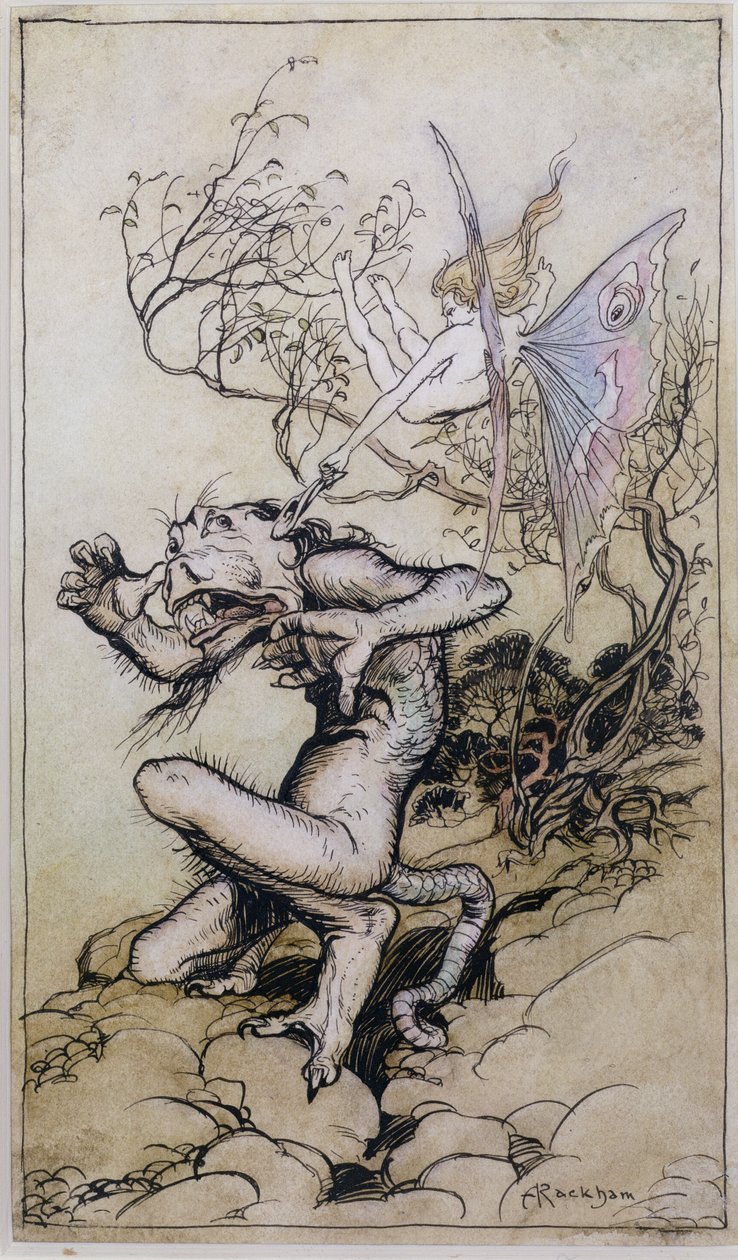 Sprite and Monster, ilustracja z Opowieści z Szekspira autorstwa Charlesa (1775-1834) i Mary Lamb (1764-1847) 1909 (pióro i atrament, wc) autorstwa Arthur Rackham