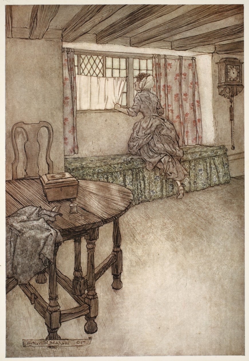 Dziwne nazwiska widniały nad drzwiami – dziwne twarze w oknach – wszystko było dziwne., z pubu Rip Van Winkle w Washington Irving. 1910 autorstwa Arthur Rackham