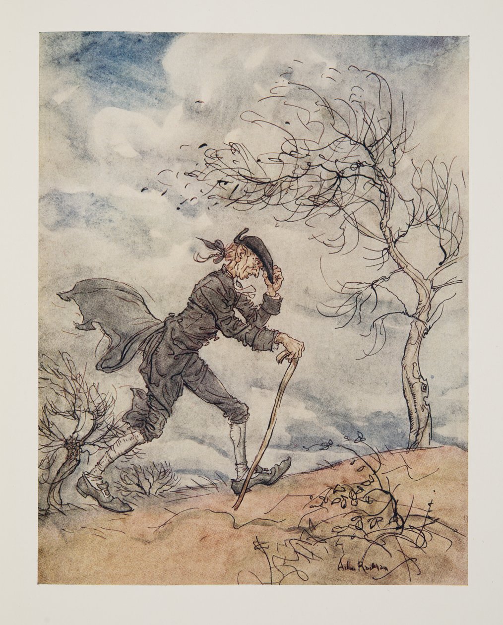 Idąc wzdłuż profilu wzgórza w wietrzny dzień..., z The Legend of Sleepy Hollow autorstwa Washingtona Irvinga (1783 - 1859), wyd. 1928 autorstwa Arthur Rackham