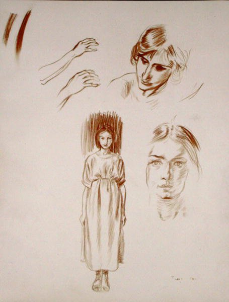 Studia kobiety, twarzy i rąk (sangwina na papierze) autorstwa Arthur Rackham