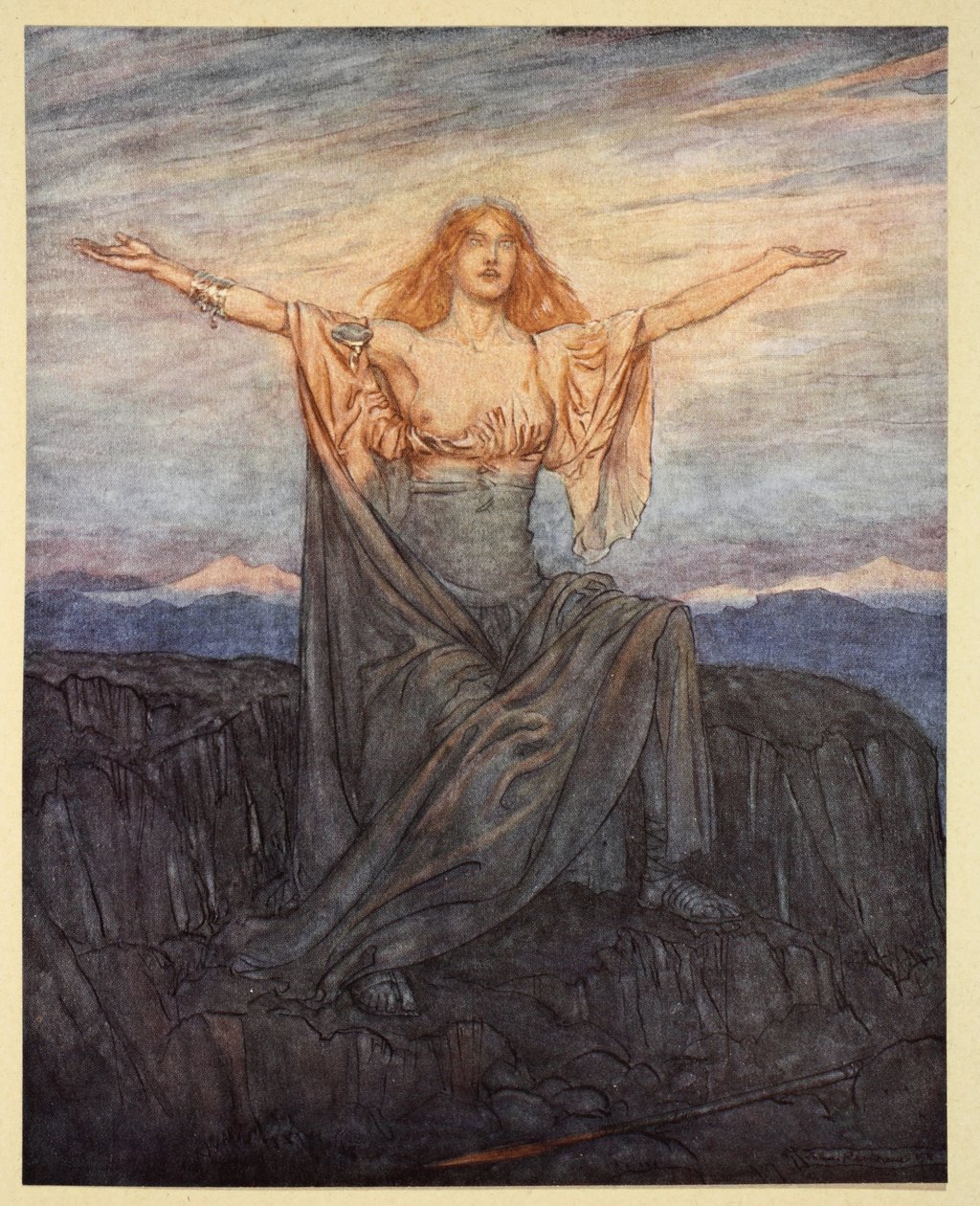 „Słońce, pozdrawiam cię! Witaj światło! Witaj, o chwalebny dzień!”, ilustracja z „Zygfryda i zmierzchu bogów”, 1924 autorstwa Arthur Rackham