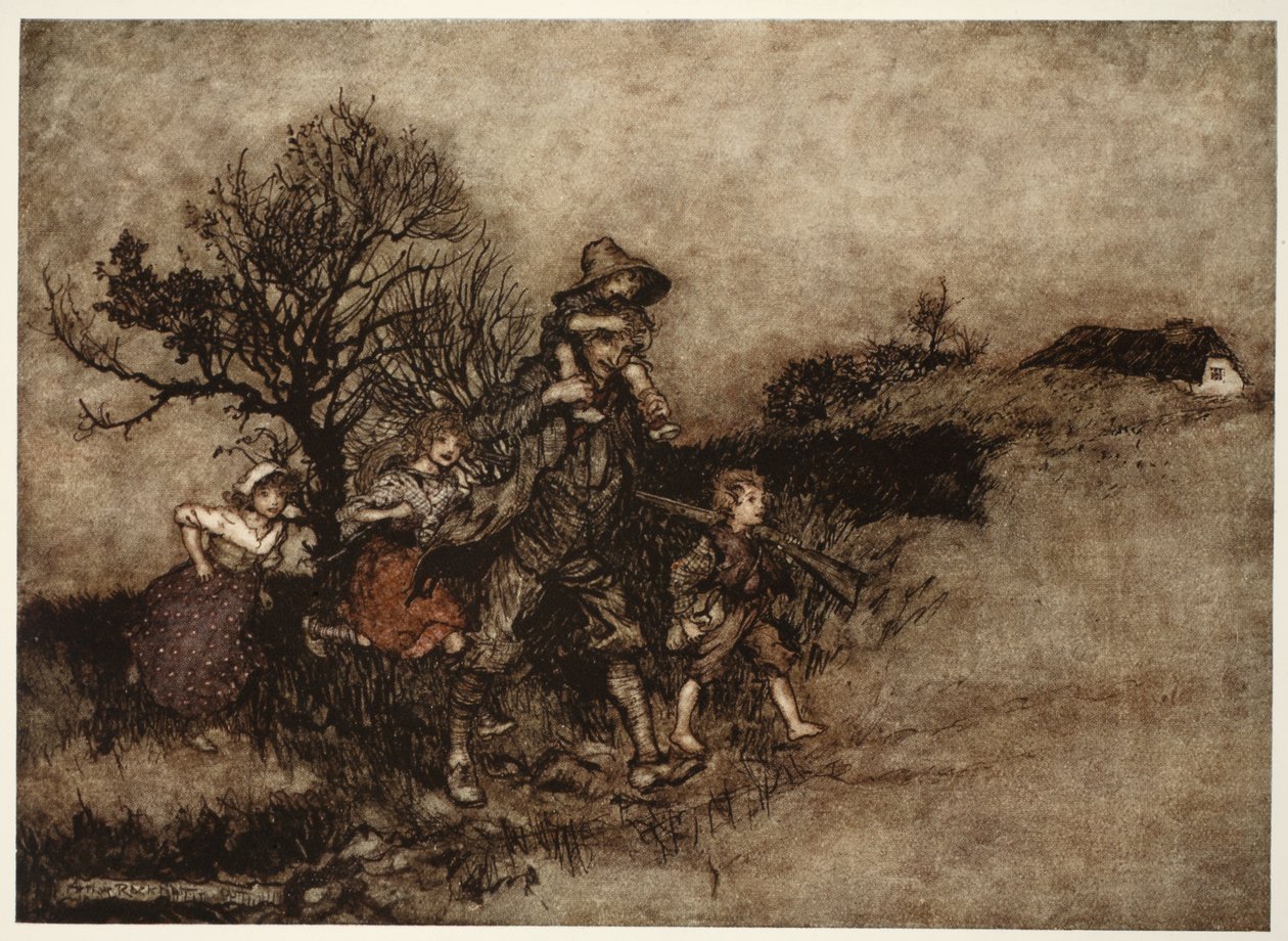 W otoczeniu gromady dzieci., od Rip Van Winkle przez Washington Irving, pub. 1910 autorstwa Arthur Rackham