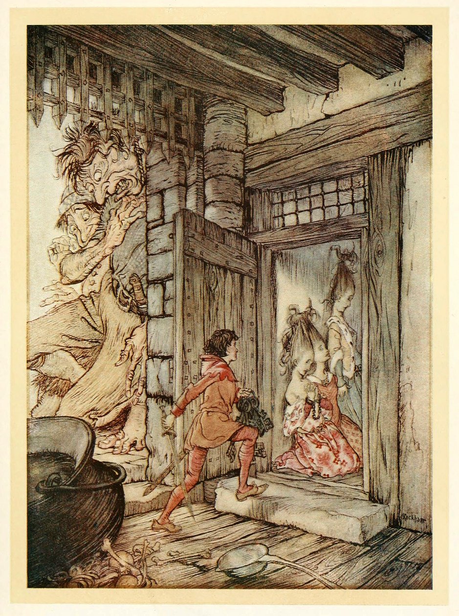 Biorąc klucze do Zamku, Jack otworzył wszystkie drzwi z pubu English Fairy Tales. 1922. autorstwa Arthur Rackham