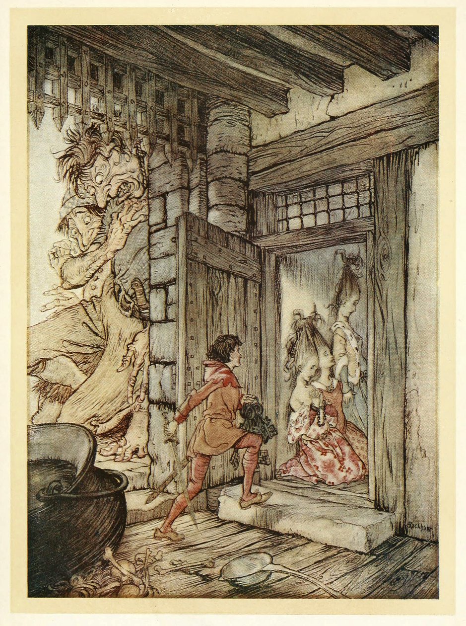 Biorąc klucze do zamku, Jack otworzył wszystkie drzwi z pubu English Fairy Tales. 1922 autorstwa Arthur Rackham