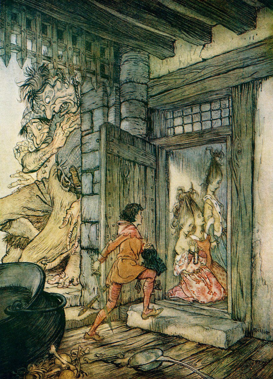 Zabierając klucze do zamku, Jack otworzył wszystkie drzwi, ilustracja do „Jack the Giant Killer” z „English Fairy Tales Retold by F.A. Steel autorstwa Arthur Rackham
