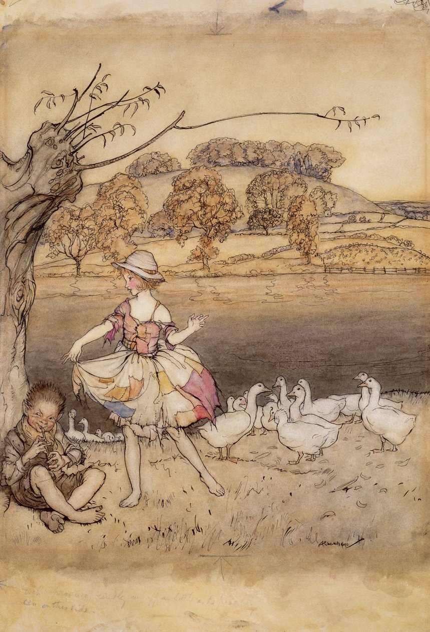 Tattercoats tańczące podczas gęsich fajek, ilustracja z English Fairy Tales, powtórzona przez F.A. Steela, opublikowana w 1918 r. (pióro i atrament i toaleta na papierze) autorstwa Arthur Rackham