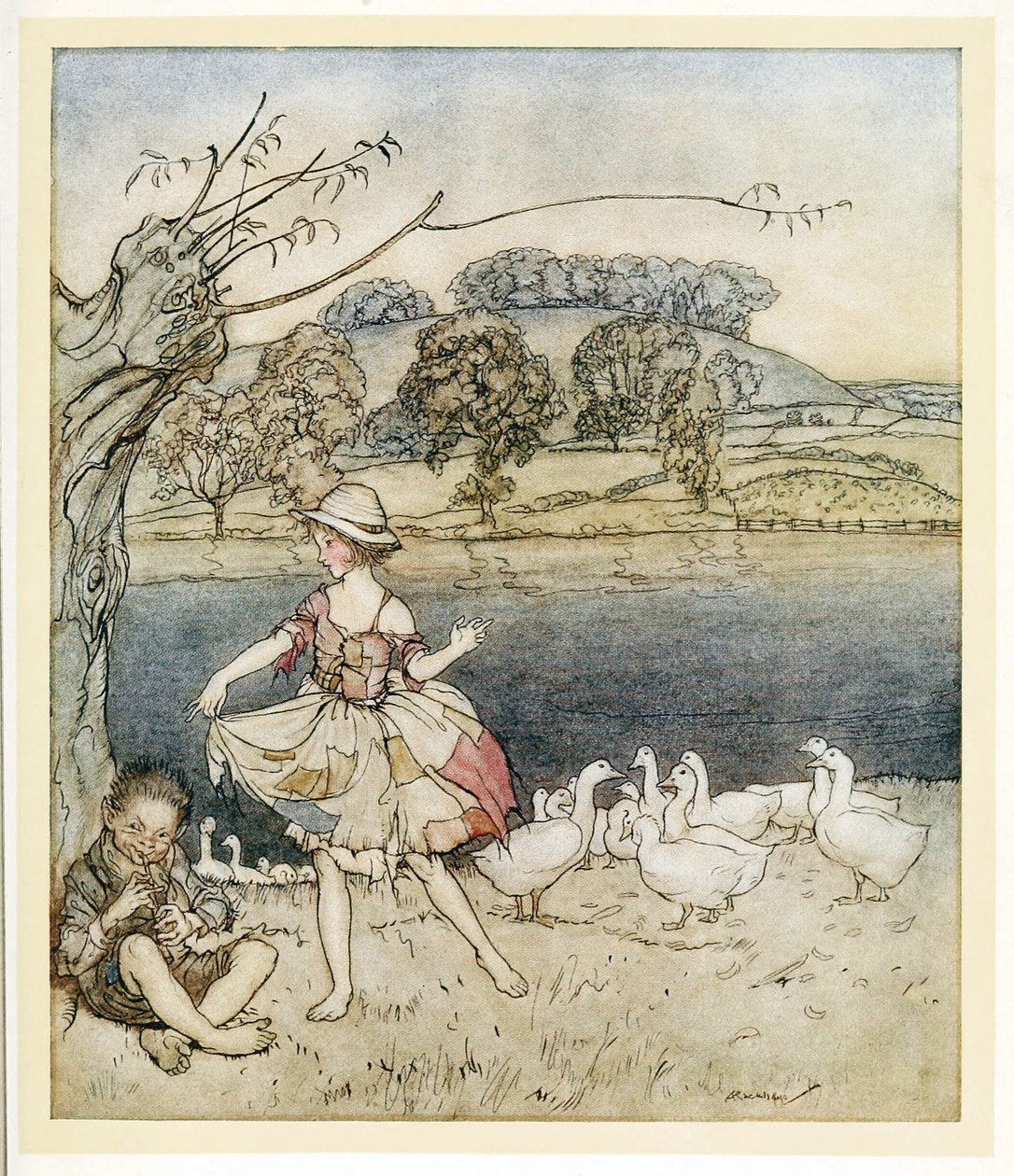 Tattercoats tańczą przy piszczałkach z agrestu, z angielskiego Fairy Tales, pub. 1922 autorstwa Arthur Rackham