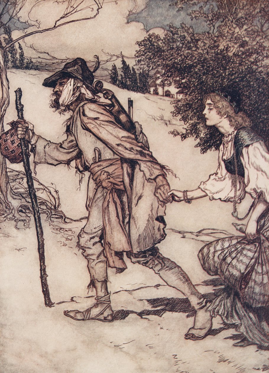 Żebrak wziął ją za rękę i wyprowadził z pubu The Fairy Tales of the Brothers Grimm. 1909 autorstwa Arthur Rackham
