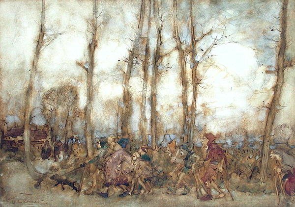 Żebracy przybywają do miasta autorstwa Arthur Rackham