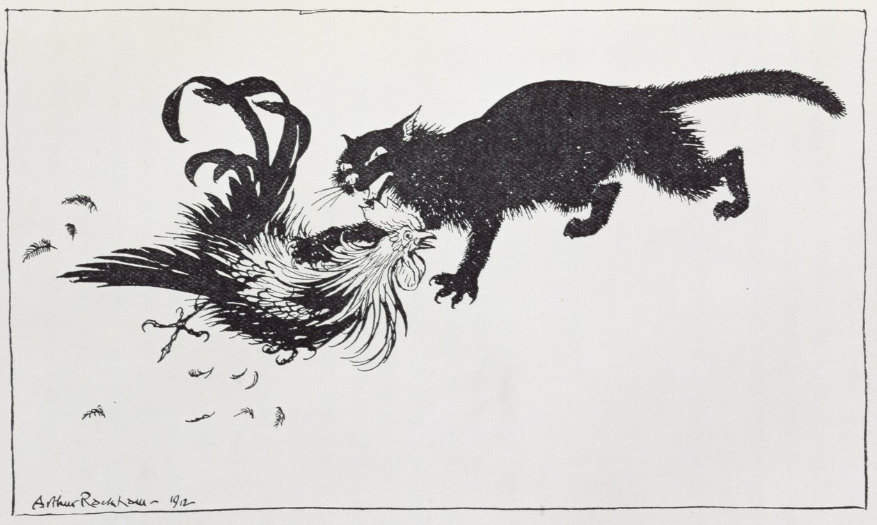 Kot i kogut, ilustracja z „Bajek Ezopa”, wydanej przez Heinemanna, 1912 autorstwa Arthur Rackham