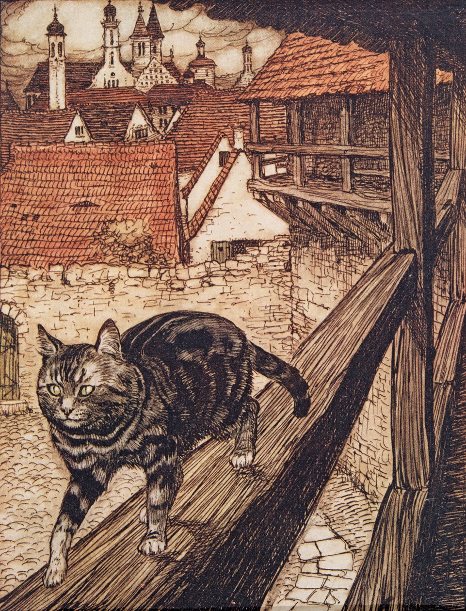Kot wymknął się za mury miasta do kościoła.., z Bajek braci Grimm, wyd. 1909 autorstwa Arthur Rackham
