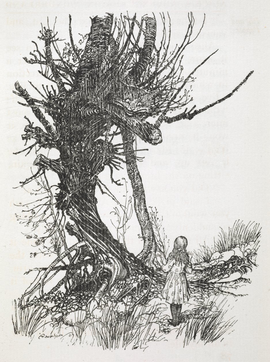 Kot z Cheshire na drzewie patrzący z góry na Alice autorstwa Arthur Rackham