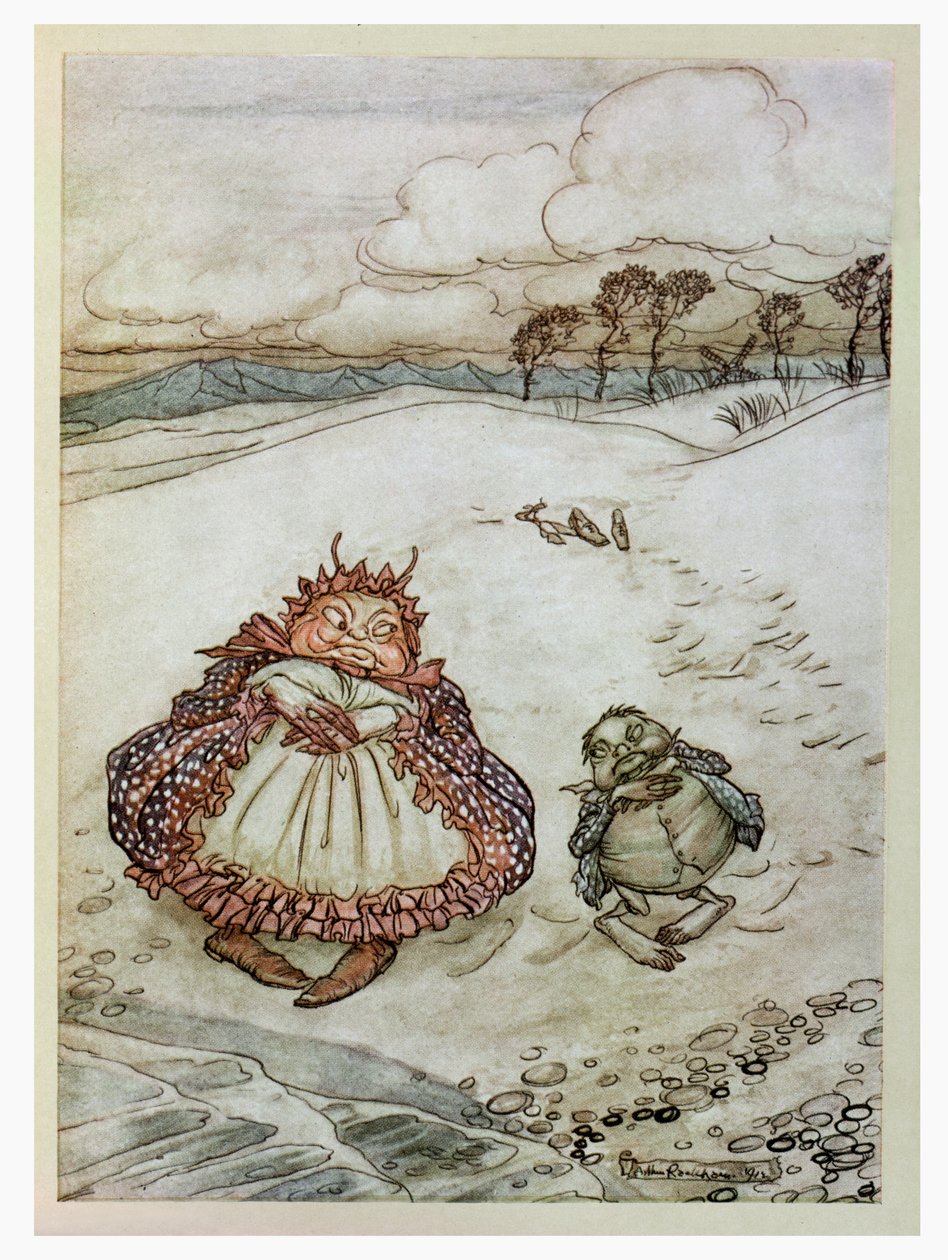 Krab i jego matka, ilustracja z „Bajek Ezopa”, wydanej przez Heinemanna, 1912 autorstwa Arthur Rackham
