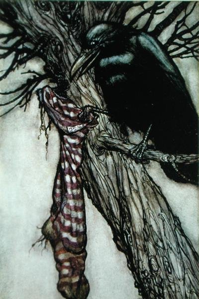 Wrona, ilustracja z "Piotrusia Pana" J.M. Barrie (1860-1937) (litografia kolorowa) autorstwa Arthur Rackham