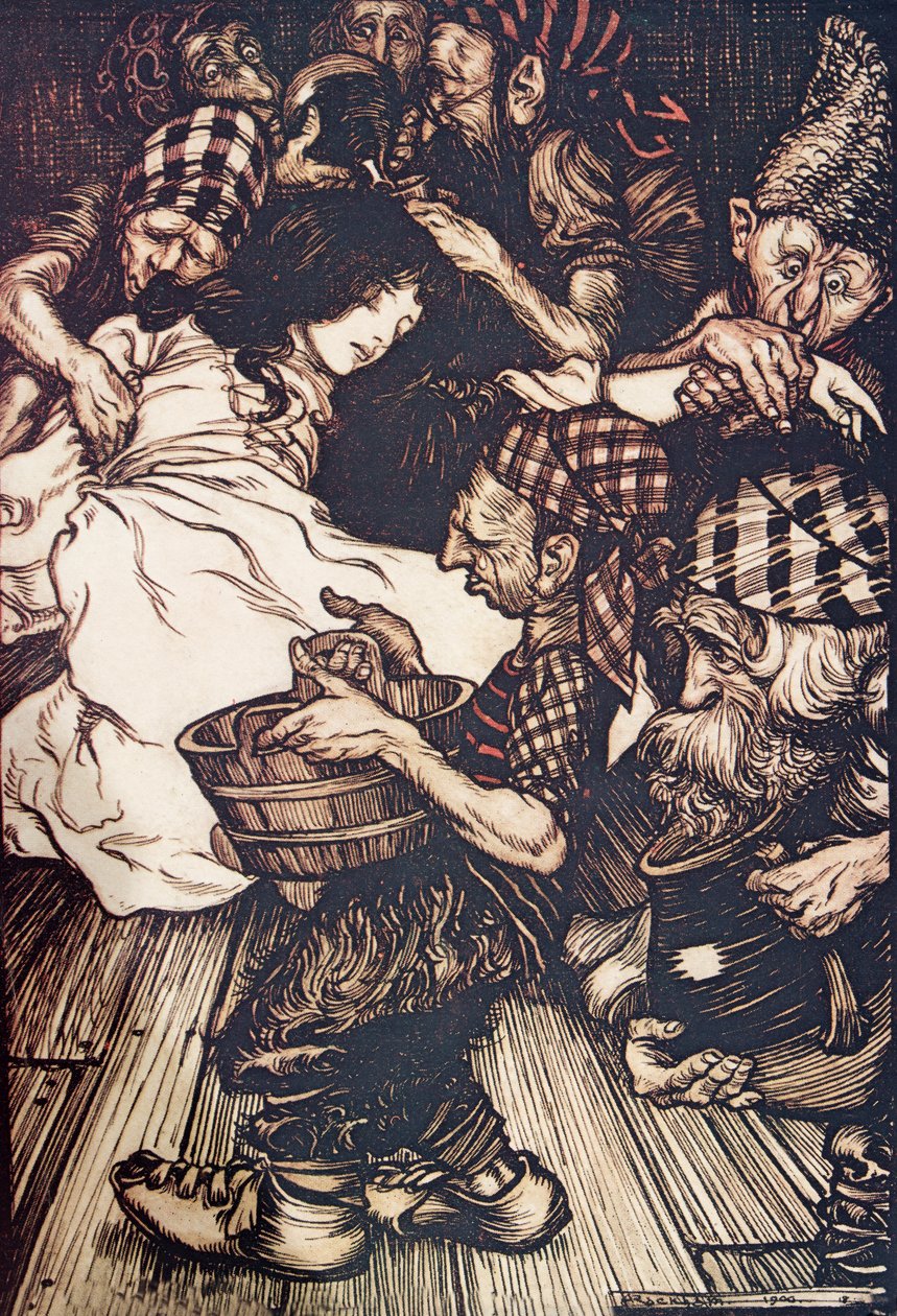 Krasnoludy, gdy przyszły wieczorem, znalazły leżącą na ziemi Przebiśnieg z The Fairy Tales of the Brothers Grimm, pub. 1909 autorstwa Arthur Rackham