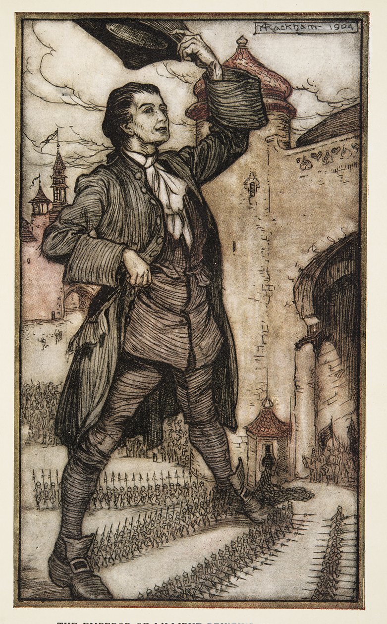 Cesarz Lilliput recenzuje swoje wojska, z Podróży Guliwera Jonathona Swifta (1667-1745), wyd. 1909 (kolor lito) autorstwa Arthur Rackham