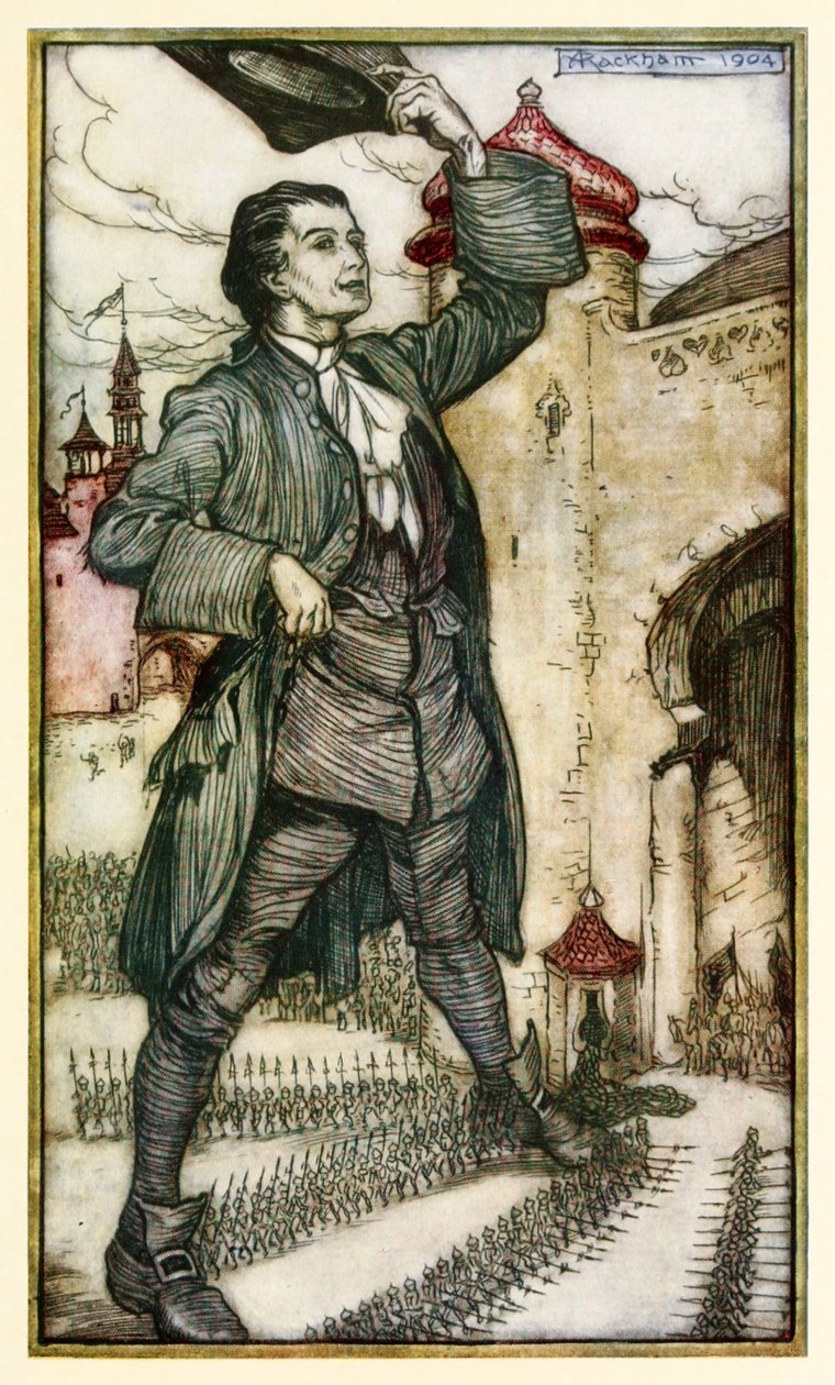 Cesarz Liliputu dokonuje przeglądu swoich wojsk z części I: Podróż do Liliputu w Podróżach Guliwera Jonathana Swifta autorstwa Arthur Rackham
