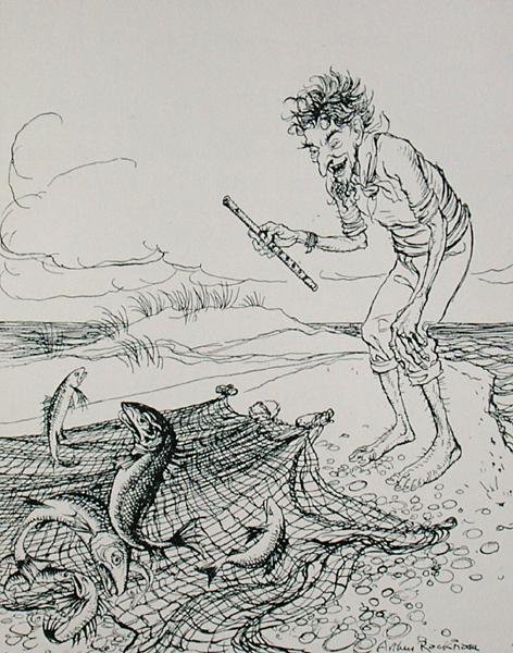 The Fisherman Oruring, ilustracja z „Bajek Ezopa”, wydanej przez Heinemann autorstwa Arthur Rackham