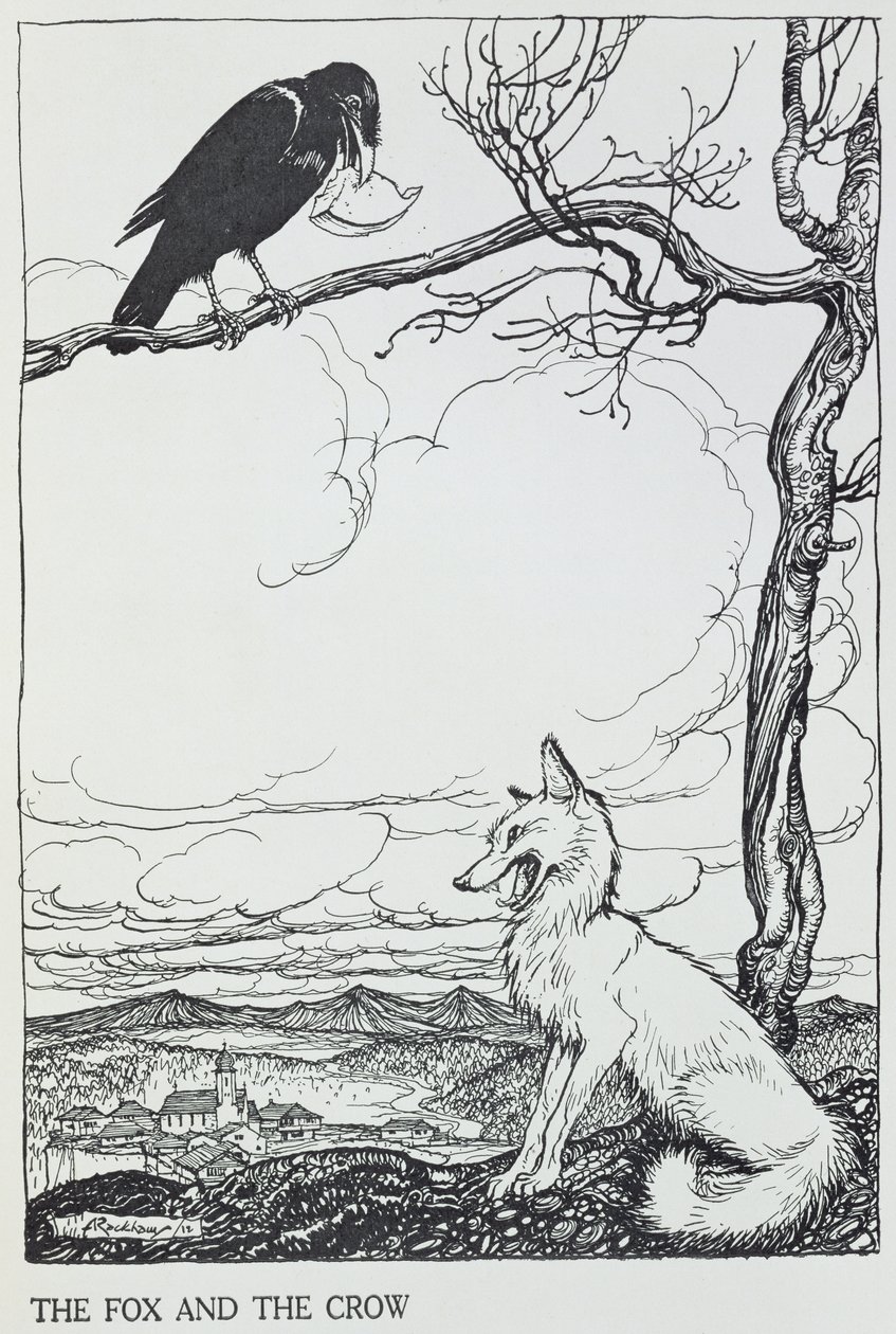 The Fox and the Crow, ilustracja z „Bajek Ezopa”, wydanej przez Heinemanna, 1912 (rycina) autorstwa Arthur Rackham